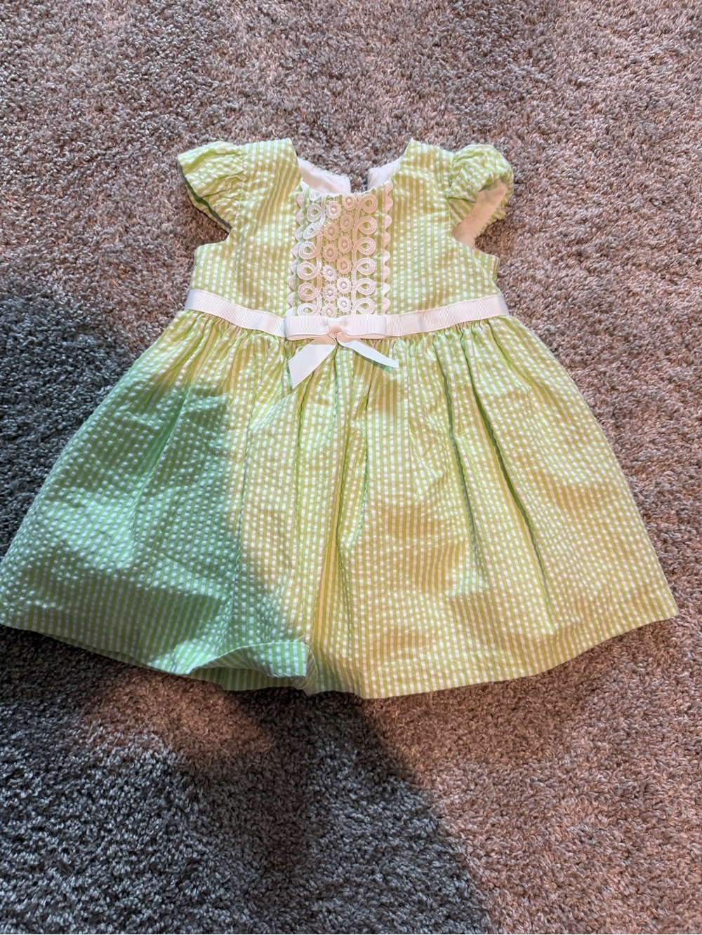 Bonnie Baby Light Green Seersucker Lace-Bodice Dress with White Ribbon